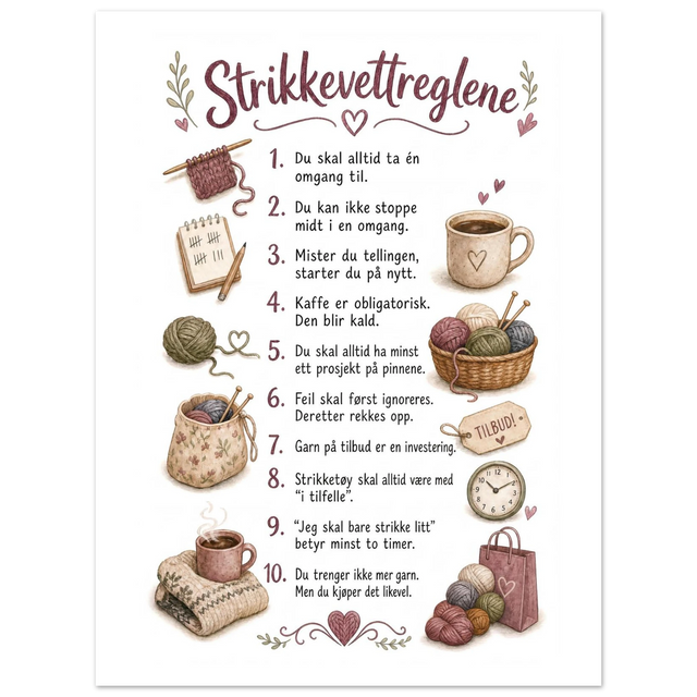 "Strikkevettreglene" – koselig plakat for ekte strikkeglade