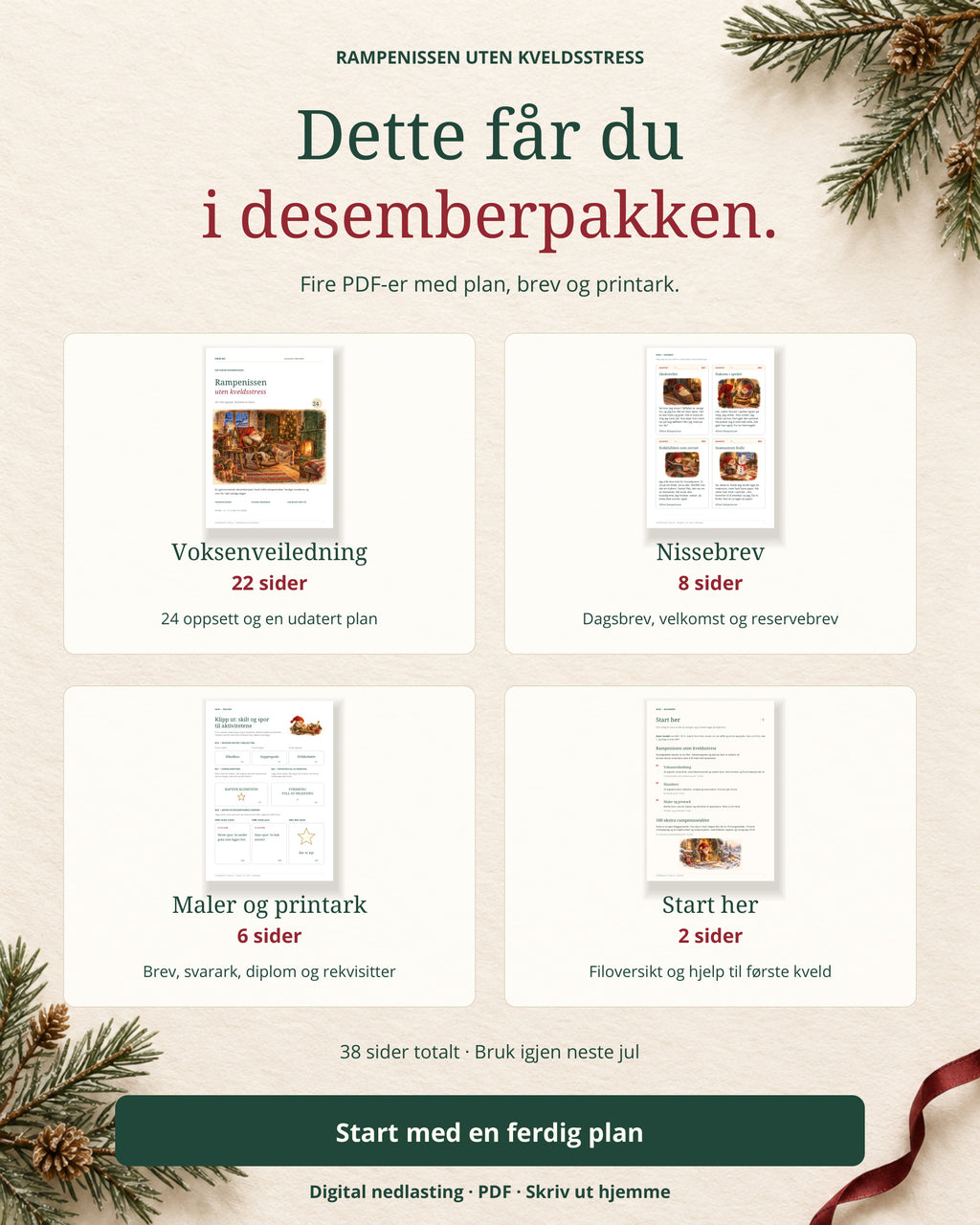 Desemberpakken inneholder voksenveiledning på 22 sider, nissebrev på 8 sider, maler og printark på 6 sider og Start her på 2 sider.