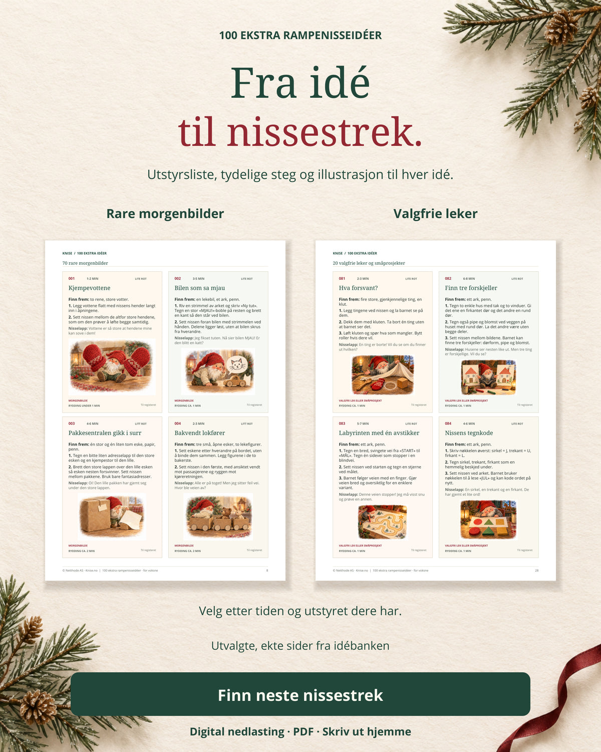 Fra idé til nissestrek: ekte sider med utstyrslister, tydelige steg og illustrerte morgenbilder og valgfrie leker.