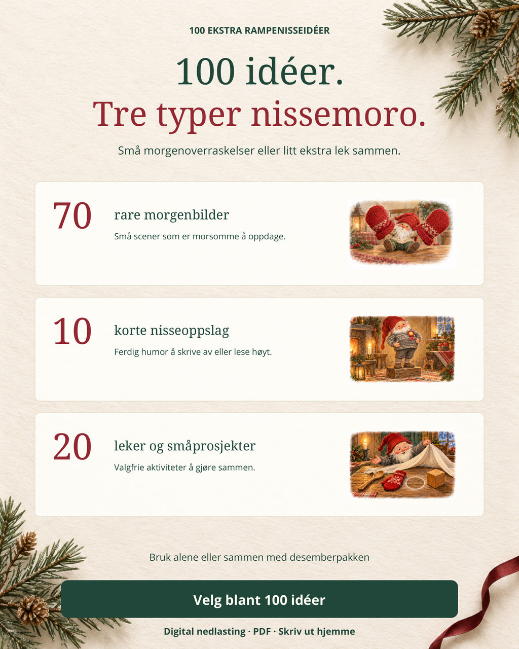 100 idéer og tre typer nissemoro: 70 rare morgenbilder, 10 korte nisseoppslag og 20 valgfrie leker og småprosjekter.