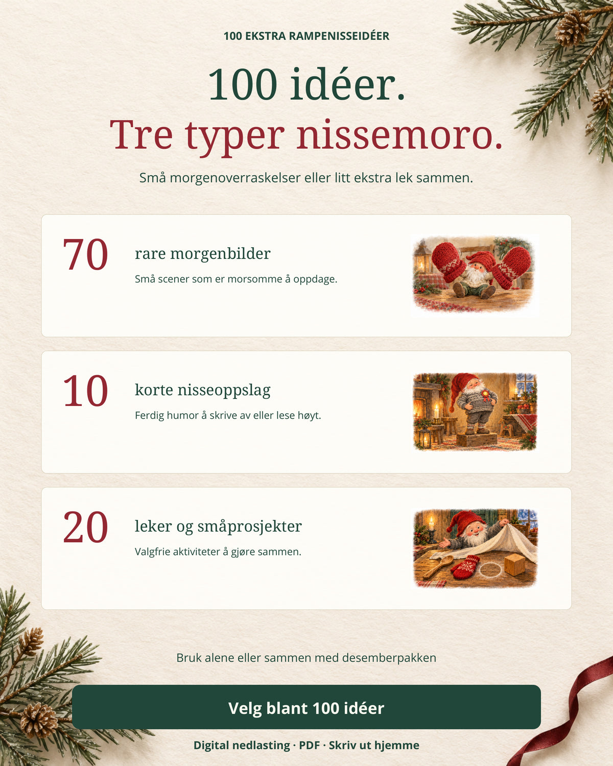 100 idéer og tre typer nissemoro: 70 rare morgenbilder, 10 korte nisseoppslag og 20 valgfrie leker og småprosjekter.