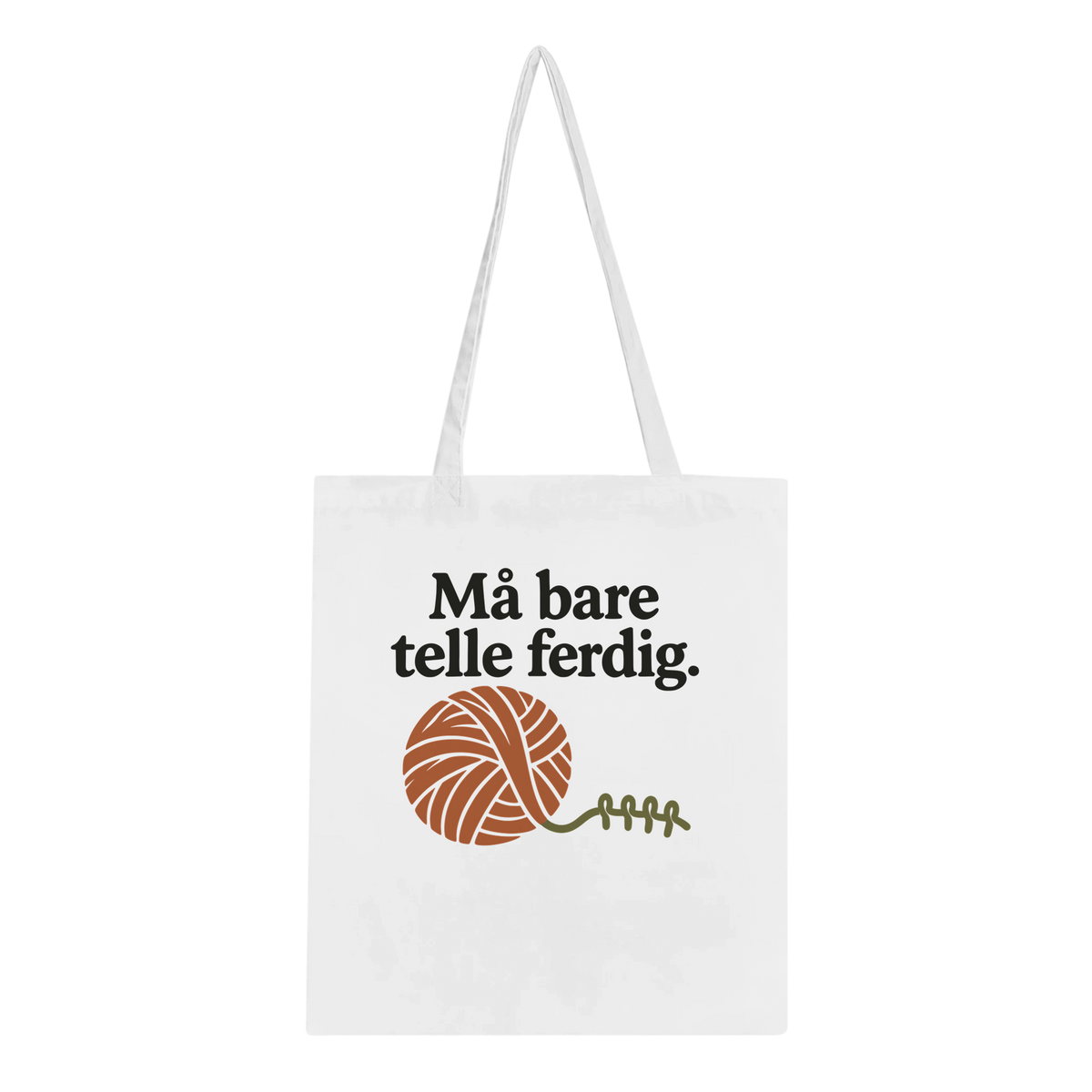 Hvit garnpose fra Knise med teksten «Må bare telle ferdig.» og et garnnøste i varme farger