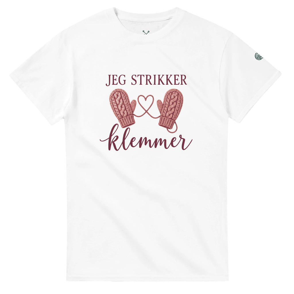 Jeg strikker klemmer – hvit t-skjorte, forside