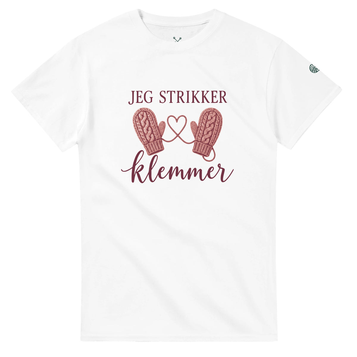 Jeg strikker klemmer – hvit t-skjorte, forside