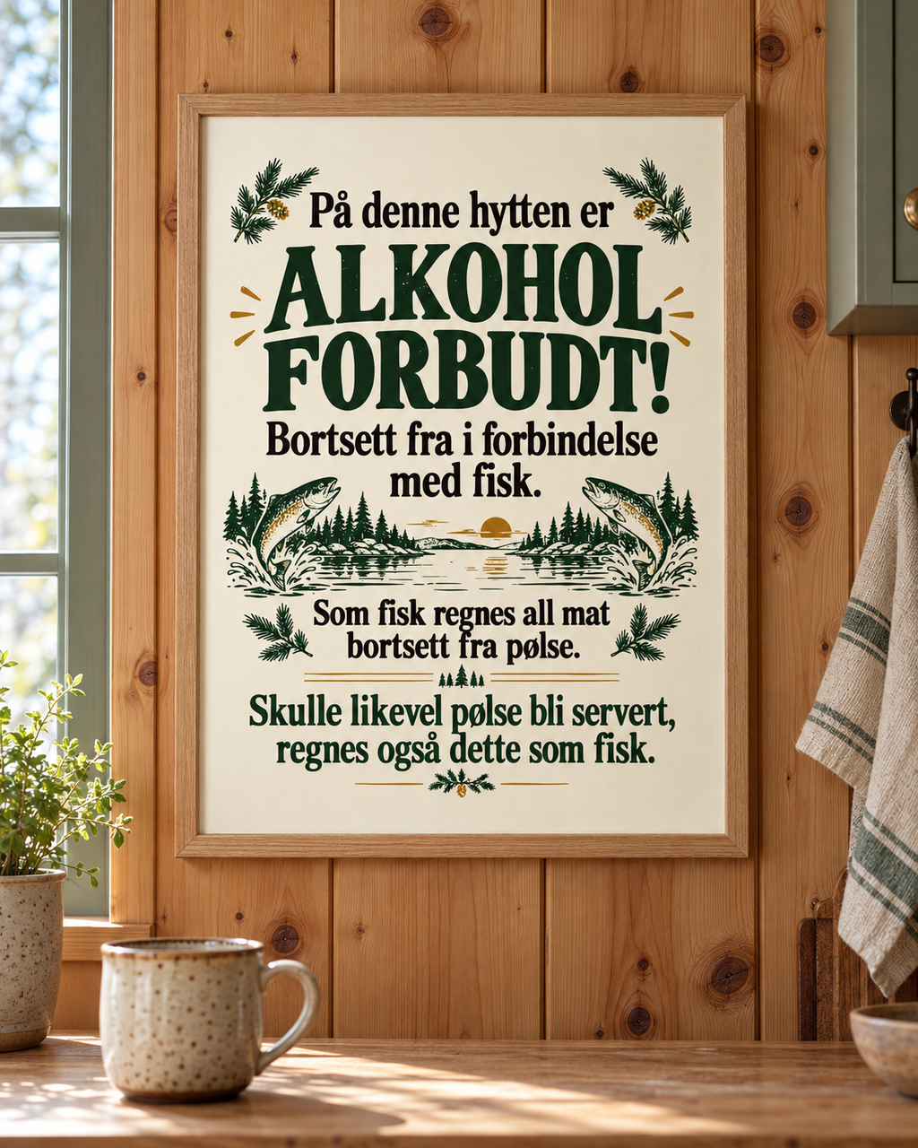 Hytteplakaten «På denne hytten er alkohol forbudt» i treramme på trepanel i et lyst hyttekjøkken. Ramme følger ikke med.