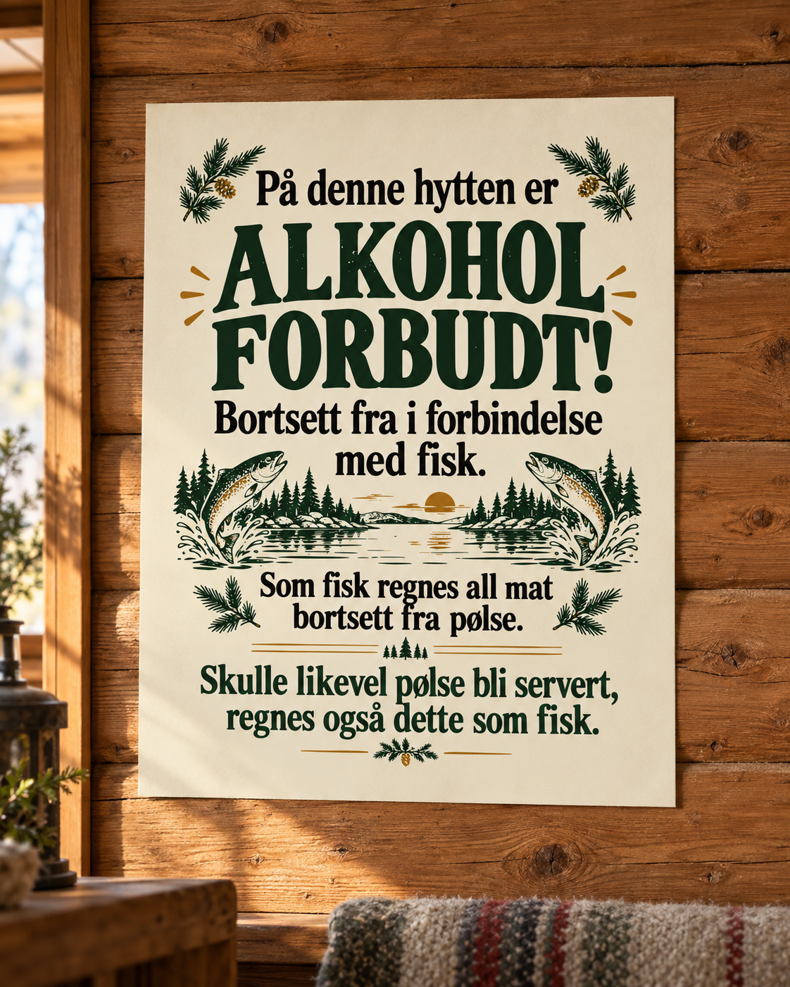 Hytteplakaten «På denne hytten er alkohol forbudt» uten ramme på en rustikk tømmervegg, med varmt lys og et ullpledd i forgrunnen.