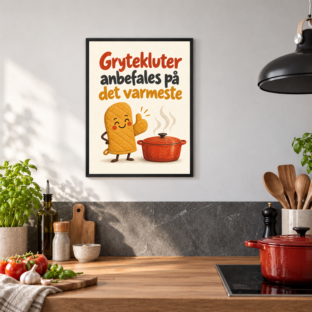 Grytekluter anbefales på det varmeste – plakat i ramme på kjøkkenet. Ramme medfølger ikke.