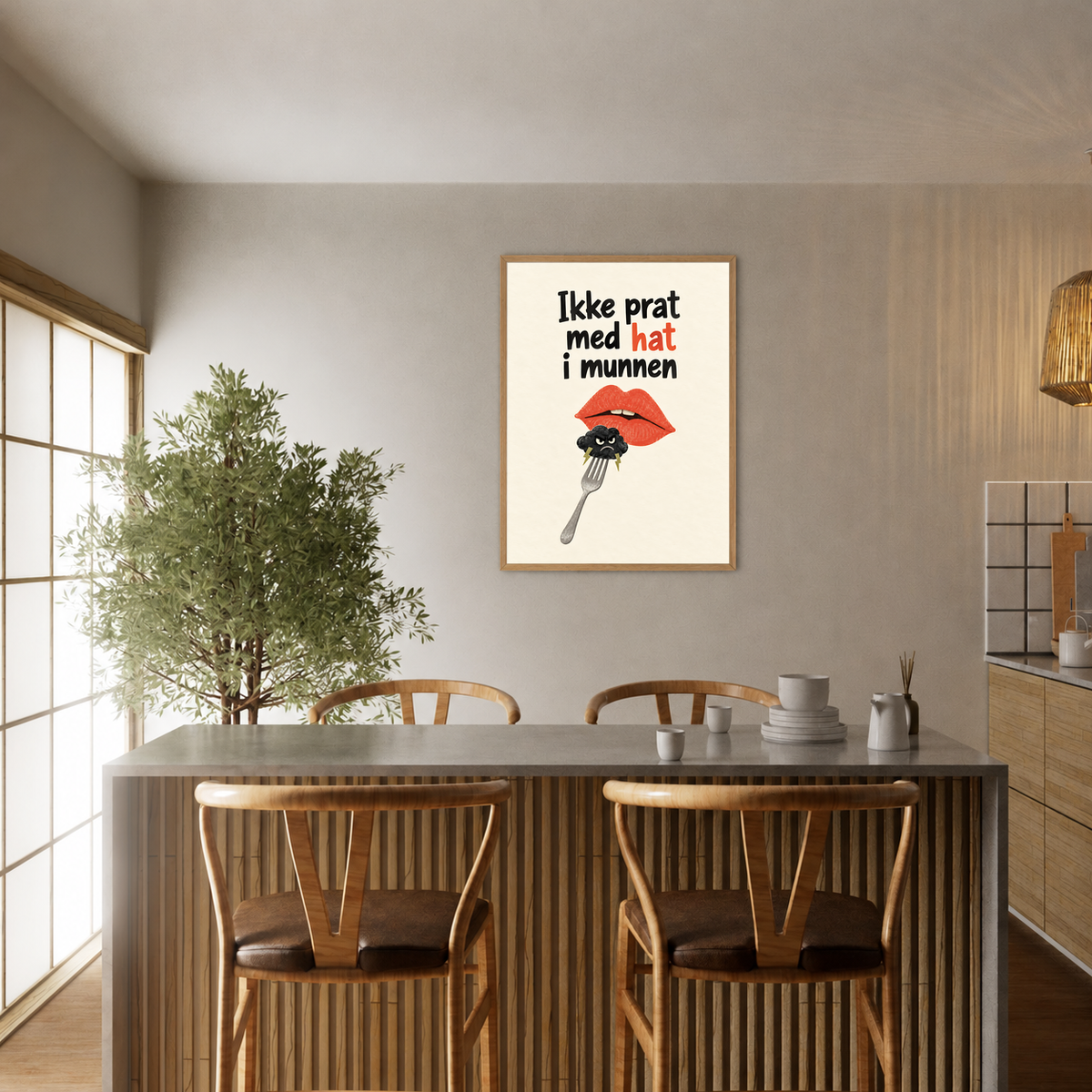 Ikke prat med hat i munnen – plakat i ramme ved spisebordet. Ramme medfølger ikke.