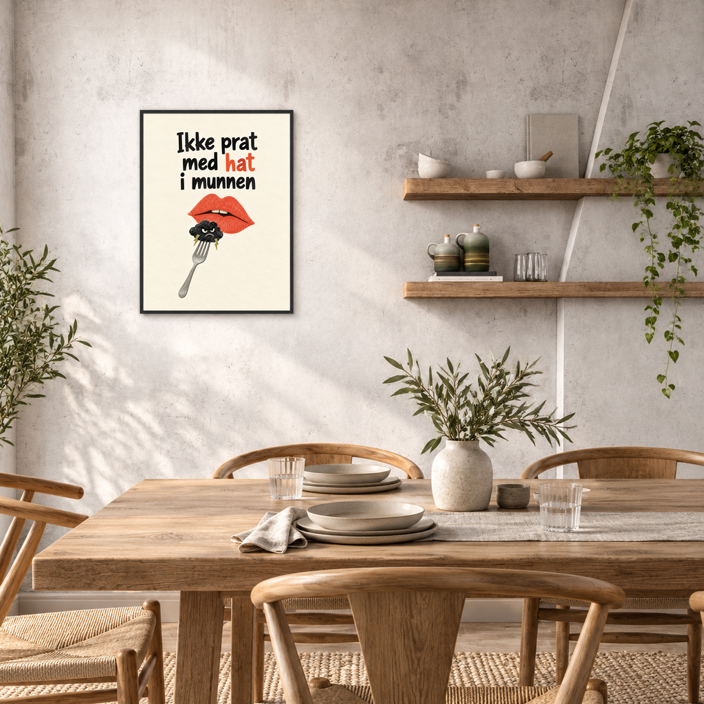 Ikke prat med hat i munnen – plakat i ramme ved spisebordet. Ramme medfølger ikke.