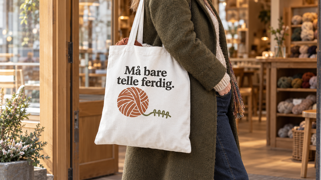 AI-generert miljøillustrasjon: Knise-garnpose på strikkekafé. Garn og annet tilbehør følger ikke med.