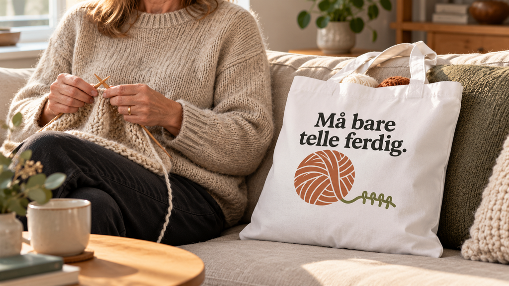 AI-generert miljøillustrasjon: Knise-garnpose under en hyggelig strikkestund. Garn og annet tilbehør følger ikke med.