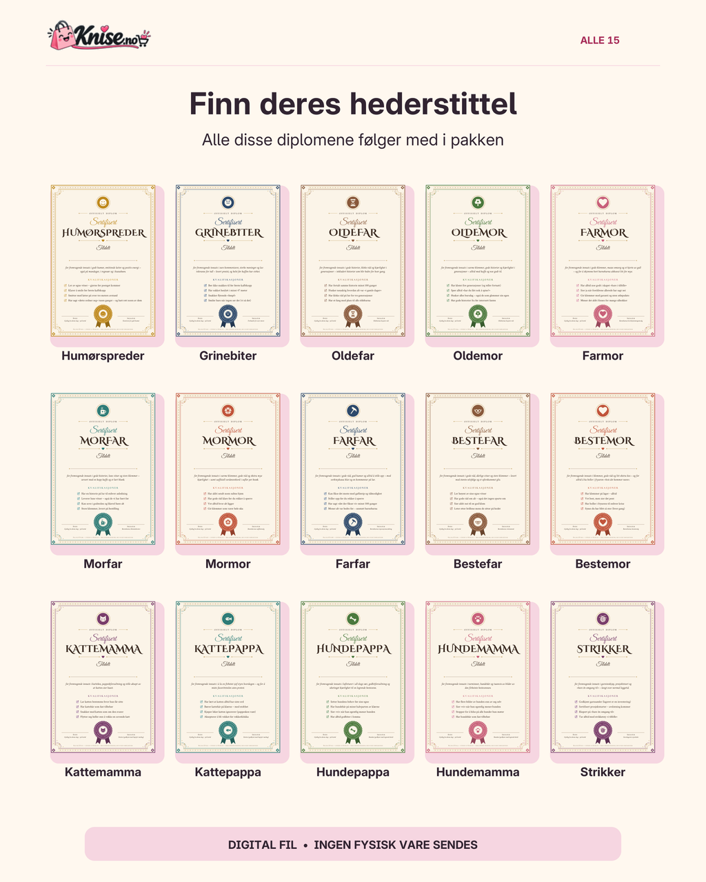 Alle 15 diplomer som følger med den digitale pakken