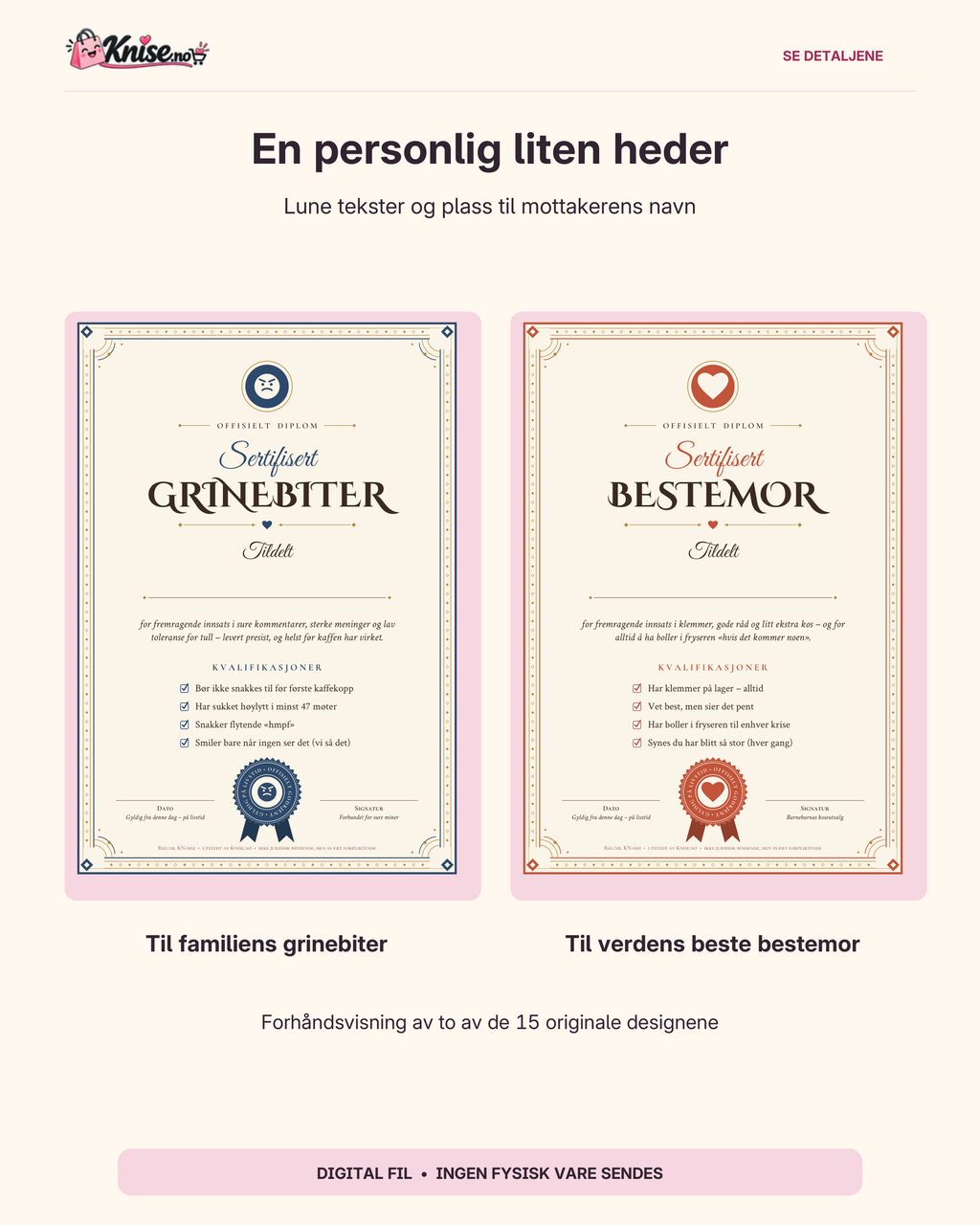 Detaljer fra humordiplomene i pakken