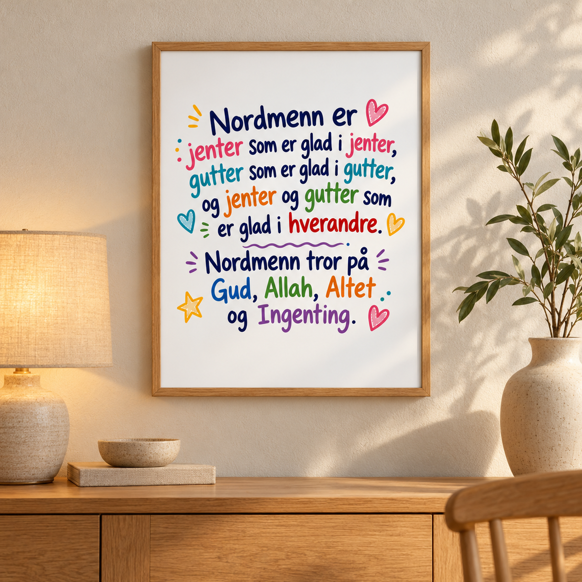 KI-generert inspirasjonsbilde: plakaten i treramme ved en koselig spisekrok. Ramme og interiør følger ikke med; se hovedbildene for nøyaktig motiv.