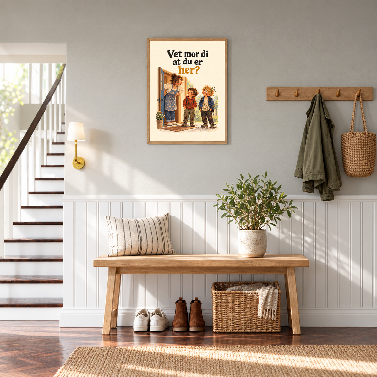 Vet mor di at du er her? – plakat i ramme i en innbydende entré. Ramme medfølger ikke.