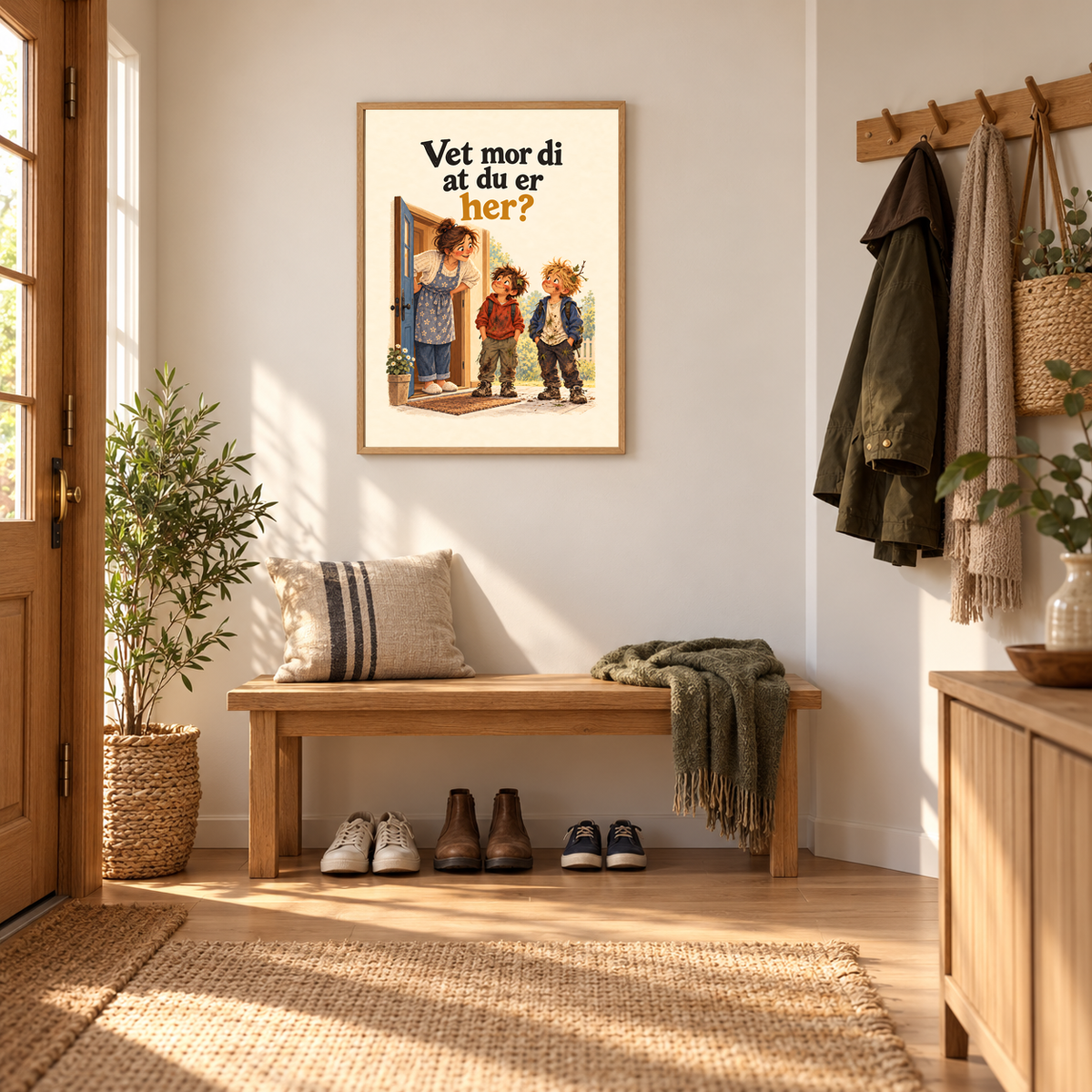 Vet mor di at du er her? – plakat i ramme i en innbydende entré. Ramme medfølger ikke.